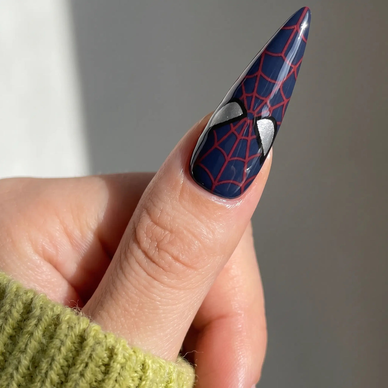spider web hero press on nails detail, handmade glossy finish