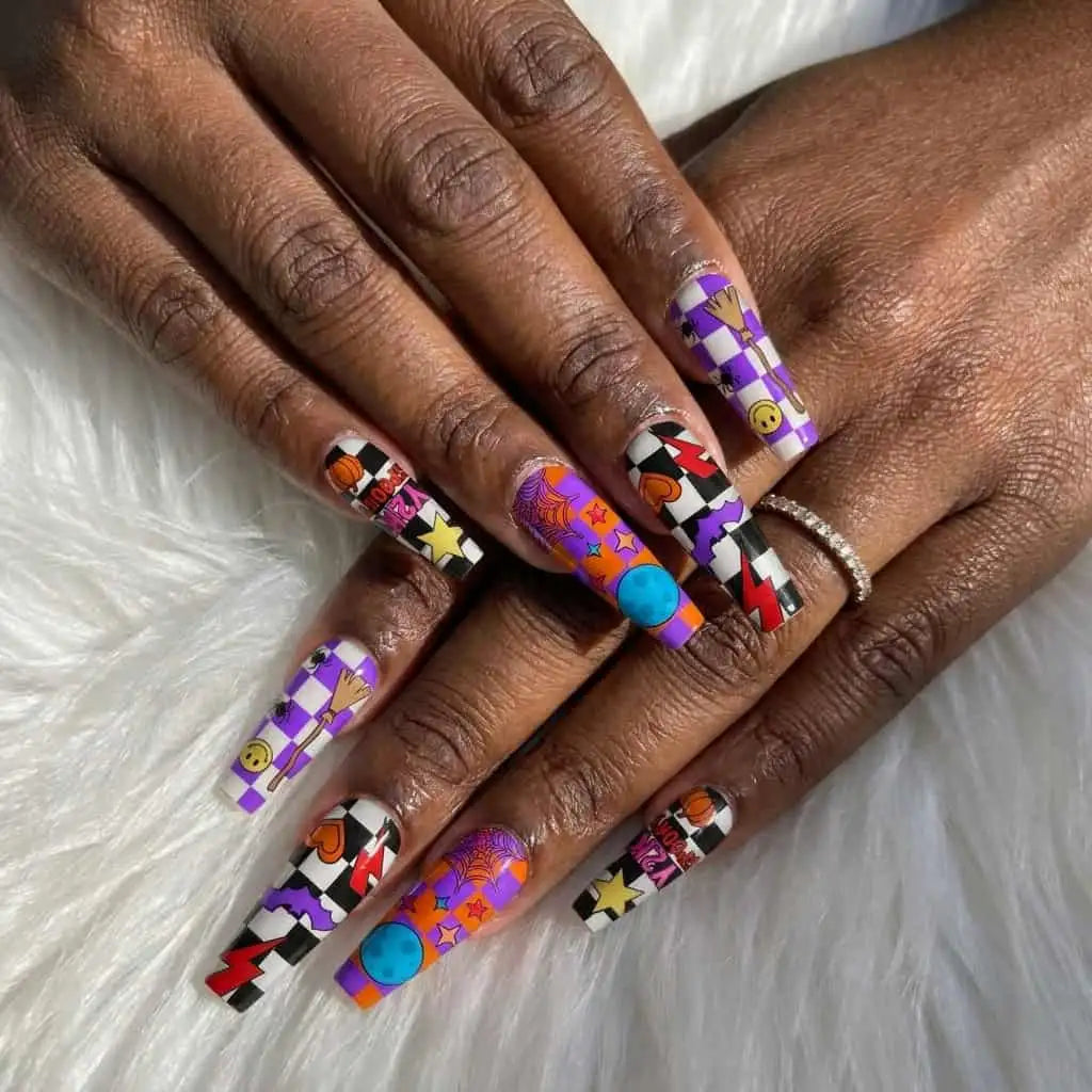 halloween coffin press on nails worn look, witch, checkerboard, lightning, and spider web patchwork