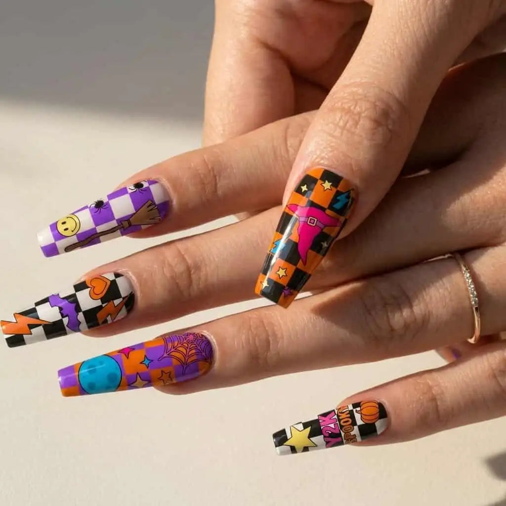witch, checkerboard, lightning, and spider web patchwork halloween press on nails detail, handmade glossy finish